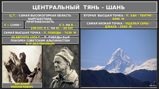 ЦЕНТРАЛЬНЫЙ ТЯНЬ – ШАНЬ Ц.Т. – САМАЯ ВЫСОКОГОРНАЯ ОБЛАСТЬ КЫРГЫЗСТАНА. ВТОРАЯ ВЫСШАЯ ТОЧКА – П. ХАН – ТЕНГРИ – 6995 М S = 12900 ² ПРОТЯЖЕННОСТЬ С З. НА В. – 200 КМ; С С. НА Ю. – 80 КМ САМАЯ НИЗКАЯ ТОЧКА – УЩЕЛЬЯ САРЫ – ДЖАЗА – 2500 М САМАЯ ВЫСШАЯ ТОЧКА – П. ПОБЕДЫ – 7439 М 30 АВГУСТА 1956 Г . – П. ПОБЕДЫ БЫЛ ПОКОРЕН СОВЕТСКИМ АЛЬПИНИСТОМ В.М.АБАЛАКОВЫМ ВИТАЛИЙ МИХАЙЛОВИЧ 