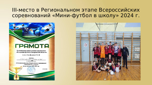 III-место в Региональном этапе Всероссийских соревнований «Мини-футбол в школу» 2024 г. 