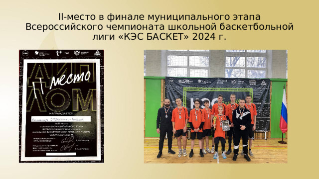 II-место в финале муниципального этапа Всероссийского чемпионата школьной баскетбольной лиги «КЭС БАСКЕТ» 2024 г. 