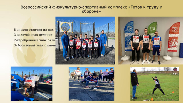 Всероссийский физкультурно-спортивный комплекс «Готов к труду и обороне» 8 знаков отличия из них 3-золотой знак отличия 2-серебрянный знак отличия 3- бронзовый знак отличия 