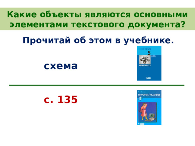 Какие объекты являются основными элементами текстового документа? Прочитай об этом в учебнике.  схема   с. 135  