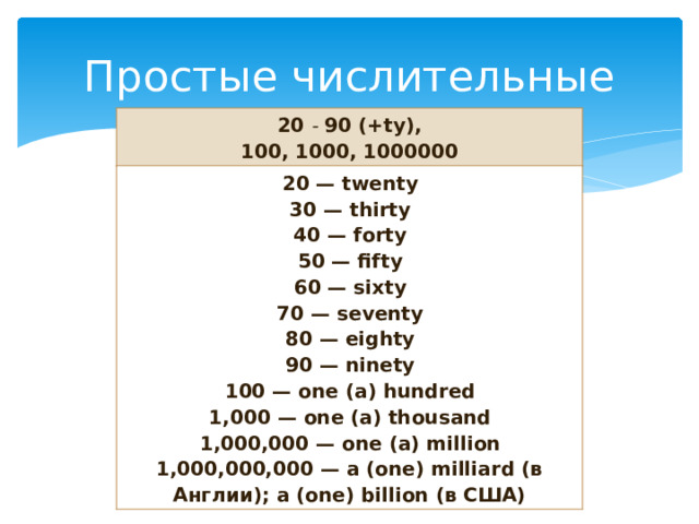 Простые числительные 20  -  90 (+ty), 100, 1000, 1000000 20 — twenty 30 — thirty 40 — forty 50 — fifty 60 — sixty 70 — seventy 80 — eighty 90 — ninety 100 — one (a) hundred 1,000 — one (a) thousand 1,000,000 — one (a) million 1,000,000,000 — a (one) milliard (в Англии); a (one) billion (в США) 