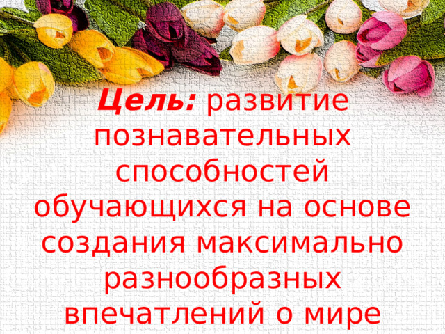 Цель: развитие познавательных способностей обучающихся на основе создания максимально разнообразных впечатлений о мире профессий. 