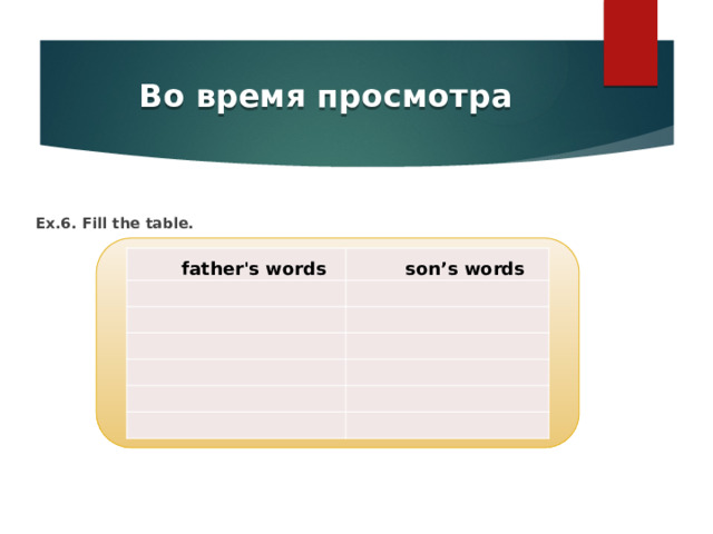 Во время просмотра Ex.6. Fill the table. father's words   son’s words                       