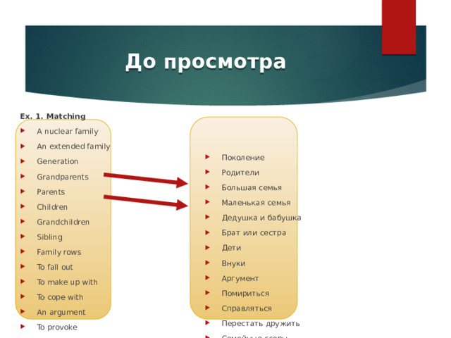До просмотра Ex. 1. Matching A nuclear family  An extended family  Generation  Grandparents  Parents  Children  Grandchildren  Sibling  Family rows  To fall out  To make up with  To cope with  An argument  To provoke Поколение Родители Большая семья Маленькая семья Дедушка и бабушка Брат или сестра Дети Внуки Аргумент Помириться Справляться Перестать дружить Семейные ссоры Провоцировать 