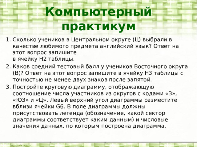 Компьютерный практикум Сколько учеников в Центральном округе (Ц) выбрали в качестве любимого предмета английский язык? Ответ на этот вопрос запишите  в ячейку H2 таблицы. Каков средний тестовый балл у учеников Восточного округа (В)? Ответ на этот вопрос запишите в ячейку H3 таблицы с точностью не менее двух знаков после запятой. Постройте круговую диаграмму, отображающую соотношение числа участников из округов с кодами «З», «ЮЗ» и «Ц». Левый верхний угол диаграммы разместите вблизи ячейки G6. В поле диаграммы должны присутствовать легенда (обозначение, какой сектор диаграммы соответствует каким данным) и числовые значения данных, по которым построена диаграмма. 
