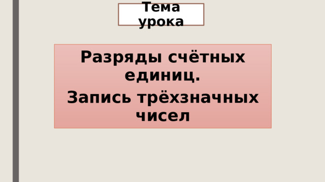 Тема урока Разряды счётных единиц. Запись трёхзначных чисел  