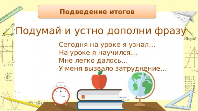 Подведение итогов Подумай и устно дополни фразу Сегодня на уроке я узнал… На уроке я научился… Мне легко далось… У меня вызвало затруднение… 