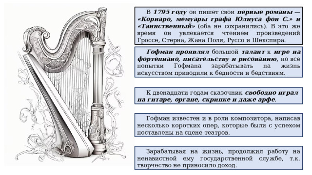 В 1795 году он пишет свои первые романы — «Корнаро, мемуары графа Юлиуса фон С.» и «Таинственный» (оба не сохранились). В это же время он увлекается чтением произведений Гроссе, Стерна, Жана Поля, Руссо и Шекспира. Гофман проявлял большой талант к игре на фортепиано, писательству и рисованию , но все попытки Гофмана зарабатывать на жизнь искусством приводили к бедности и бедствиям. К двенадцати годам сказочник свободно играл на гитаре, органе, скрипке и даже арфе . Гофман известен и в роли композитора, написав несколько коротких опер, которые были с успехом поставлены на сцене театров. Зарабатывая на жизнь, продолжил работу на ненавистной ему государственной службе, т.к. творчество не приносило доход. 