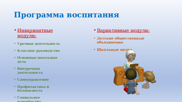Программа  воспитания Вариативные  модули: Детские  общественные  объединения Школьные  медиа Инвариантные  модули: Урочная  деятельность Классное  руководство Основные  школьные  дела Внеурочная  деятельность Самоуправление Профилактика  и  безопасность Социальное  партнёрство Профориентация 