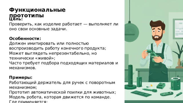 Функциональные прототипы Цель: Проверить, как изделие работает — выполняет ли оно свои основные задачи. Особенности: Должен имитировать или полностью воспроизводить работу конечного продукта; Может выглядеть непрезентабельно, но технически «живой»; Часто требует подбора подходящих материалов и механизмов. Примеры: Работающий держатель для ручек с поворотным механизмом; Прототип автоматической поилки для животных; Модель робота, которая движется по команде. Где применяется: Инженерия, робототехника, механика, электроника. 