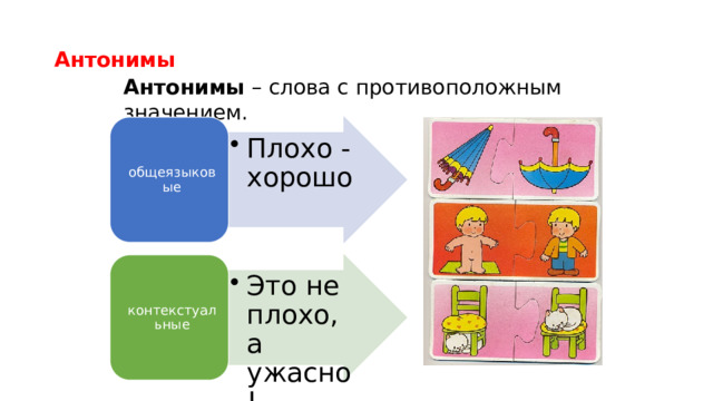 Антонимы Антонимы – слова с противоположным значением. Плохо - хорошо Плохо - хорошо общеязыковые Это не плохо, а ужасно! Это не плохо, а ужасно! контекстуальные 