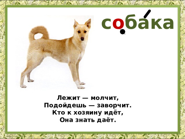 с о бака Лежит — молчит,  Подойдешь — заворчит.  Кто к хозяину идёт,  Она знать даёт. 