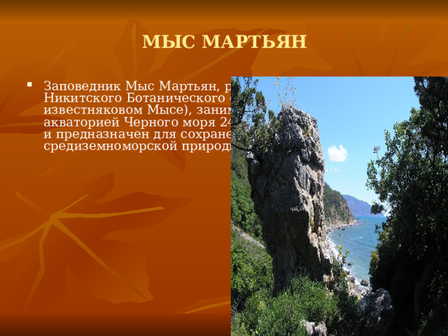МЫС МАРТЬЯН Заповедник Мыс Мартьян, расположенный к востоку от Никитского Ботанического сада (на одноименном известняковом Мысе), занимает вместе с прибрежной акваторией Черного моря 240 га. Он создан в 1973 году и предназначен для сохранения в Крыму уголка средиземноморской природы  