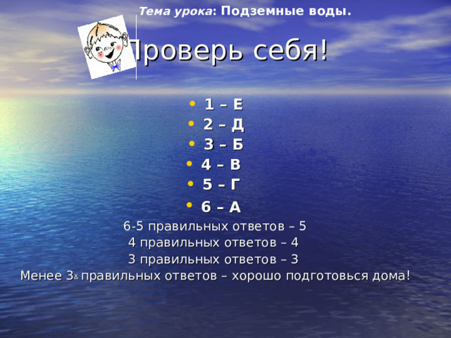 Тема урока : Подземные воды. Проверь себя! 1 – Е 2 – Д 3 – Б 4 – В 5 – Г 6 – А  6-5 правильных ответов – 5 4 правильных ответов – 4 3 правильных ответов – 3 Менее 3 х  правильных ответов – хорошо подготовься дома! 