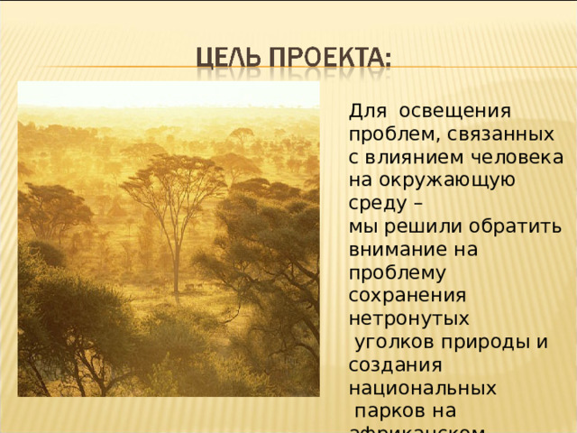 Для освещения проблем, связанных с влиянием человека на окружающую среду – мы решили обратить внимание на проблему сохранения нетронутых  уголков природы и создания национальных  парков на африканском континенте. 
