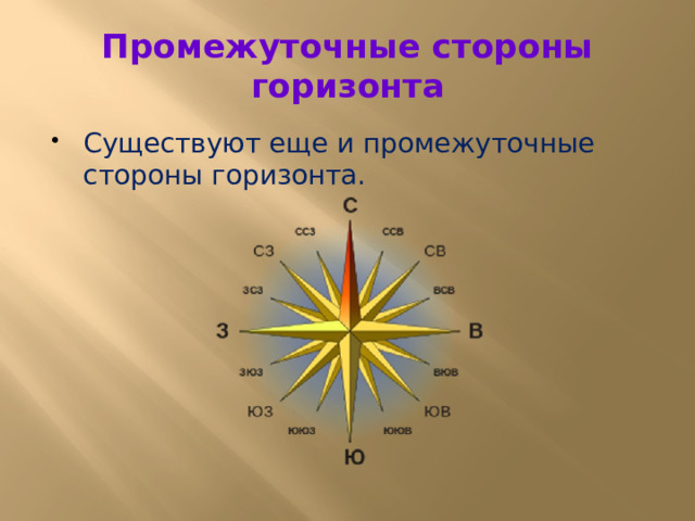 Промежуточные стороны горизонта Существуют еще и промежуточные стороны горизонта. 
