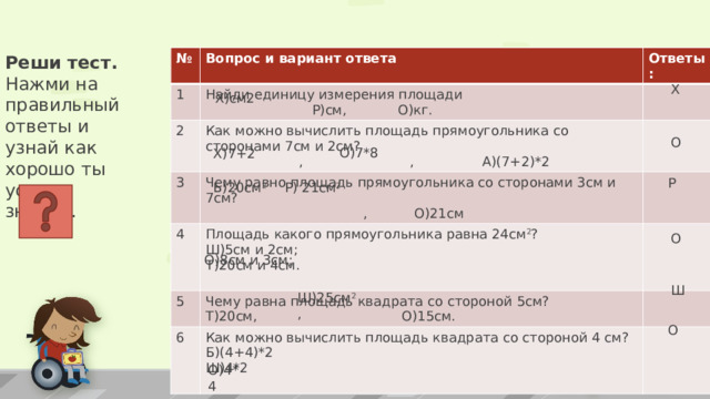 № 1 Вопрос и вариант ответа Ответы: Найди единицу измерения площади 2  Р)см, О)кг. Как можно вычислить площадь прямоугольника со сторонами 7см и 2см? 3 4 Чему равно площадь прямоугольника со сторонами 3см и 7см?  , , А)(7+2)*2  , О)21см Площадь какого прямоугольника равна 24см 2 ? 5 Ш)5см и 2см; Чему равна площадь квадрата со стороной 5см? 6 Как можно вычислить площадь квадрата со стороной 4 см? Т)20см и 4см. Т)20см, О)15см. Б)(4+4)*2 Ш)4*2 Реши тест. Нажми на правильный ответы и узнай как хорошо ты усвоил знание. Х Х)см2 О О)7*8 Х)7+2 Р Р) 21см 2 Б)20см 2 О О)8см и 3см; Ш Ш)25см 2 , О О)4*4 