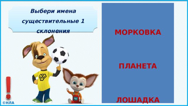    МОРКОВКА    ПЛАНЕТА    ЛОШАДКА МОРКОВКА КАРТОФЕЛЬ ФАСОЛЬ Выбери имена существительные 1 склонения ПЛАНЕТА МЕТЕЛЬ КОНЬ БОЛОТО ЛОШАДКА ТЕТРАДЬ 