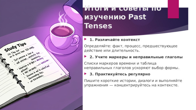Итоги и советы по изучению Past Tenses   1. Различайте контекст Определяйте: факт, процесс, предшествующее действие или длительность. 2. Учите маркеры и неправильные глаголы Списки маркеров времени и таблица неправильных глаголов ускоряют выбор формы. 3. Практикуйтесь регулярно Пишите короткие истории, диалоги и выполняйте упражнения — концентрируйтесь на контексте. 