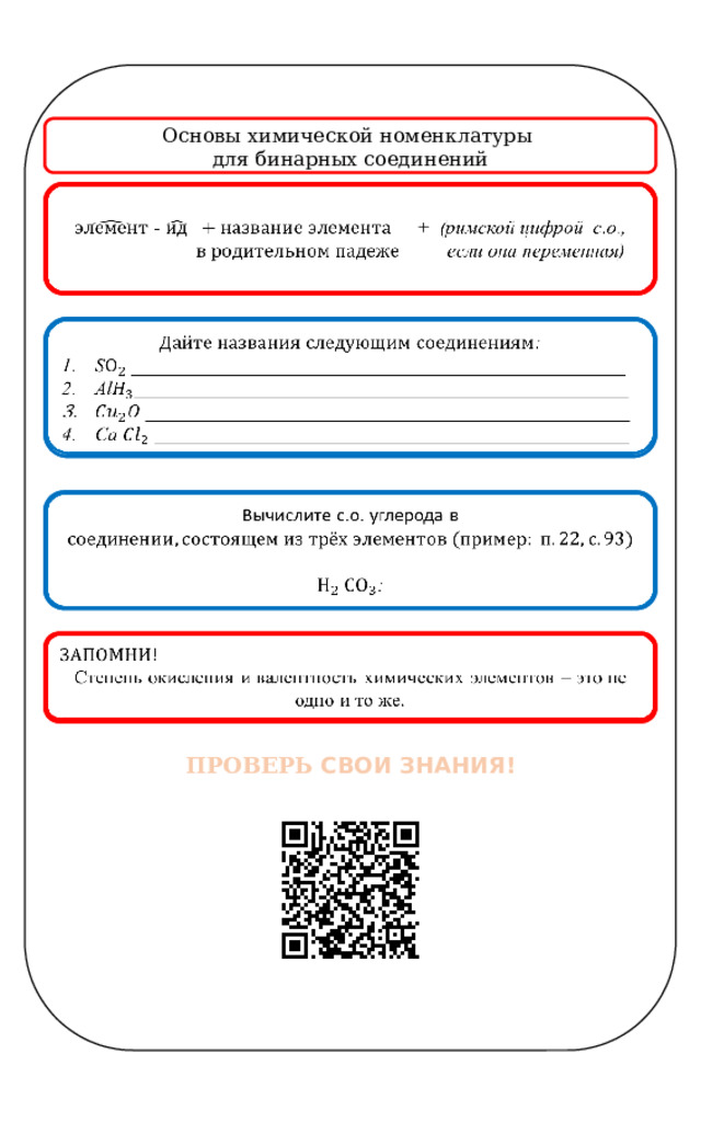 _ Основы химической номенклатуры для бинарных соединений  - + (римской цифрой с.о., если она переменная)   :   S __________________________________________________ Al__________________________________________________  _________________________________________________ Ca ________________________________________________   Вычислите с.о. углерода в  :    Степень окисления и валентность химических элементов – это не одно и то же. ПРОВЕРЬ СВОИ ЗНАНИЯ! 