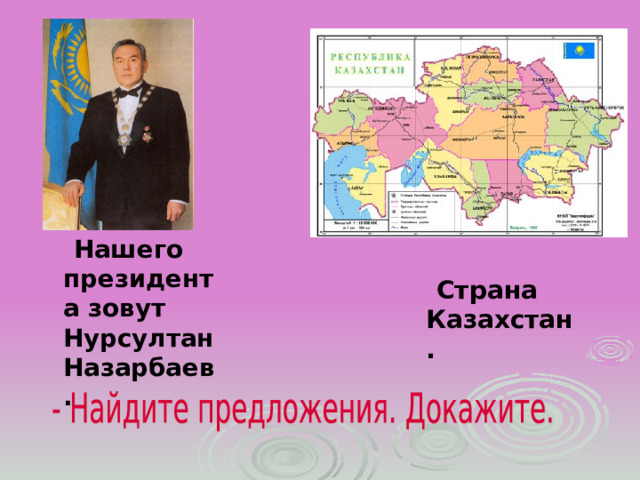  Нашего президента зовут Нурсултан Назарбаев.  Страна Казахстан. 