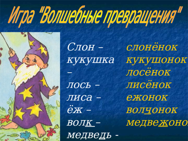 Слон – кукушка – лось – лиса – ёж – вол к – медве д ь - слонёнок кукушонок лосёнок лисёнок ежонок вол ч онок медве ж онок 