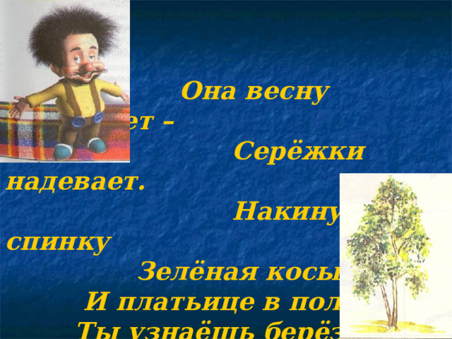   Она весну встречает –  Серёжки надевает.  Накинута на спинку  Зелёная косынка  И платьице в полоску.  Ты узнаёшь берёзку? 