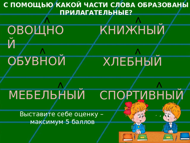 С ПОМОЩЬЮ КАКОЙ ЧАСТИ СЛОВА ОБРАЗОВАНЫ ПРИЛАГАТЕЛЬНЫЕ? ОВОЩНОЙ КНИЖНЫЙ ОБУВНОЙ ХЛЕБНЫЙ МЕБЕЛЬНЫЙ СПОРТИВНЫЙ Выставите себе оценку – максимум 5 баллов 