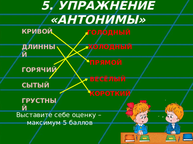 5. УПРАЖНЕНИЕ «АНТОНИМЫ» КРИВОЙ  ДЛИННЫЙ  ГОРЯЧИЙ  СЫТЫЙ  ГРУСТНЫЙ ГОЛОДНЫЙ ХОЛОДНЫЙ ПРЯМОЙ ВЕСЁЛЫЙ КОРОТКИЙ Выставите себе оценку – максимум 5 баллов 