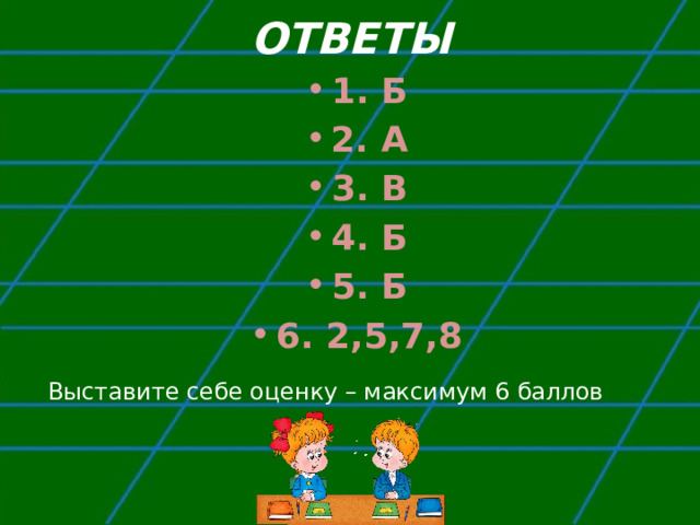ОТВЕТЫ 1. Б 2. А 3. В 4. Б 5. Б 6. 2,5,7,8 Выставите себе оценку – максимум 6 баллов 