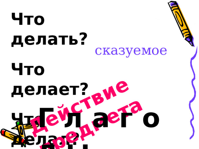 Действие предмета Что делать? Что делает? Что делал? сказуемое Г л а г о л ы 