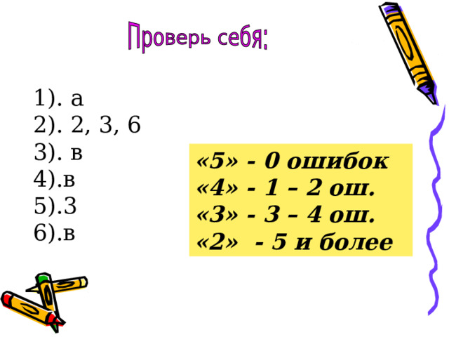 1). а 2). 2, 3, 6 3). в 4).в 5).3 6).в «5» - 0 ошибок «4» - 1 – 2 ош. «3» - 3 – 4 ош. «2» - 5 и более 