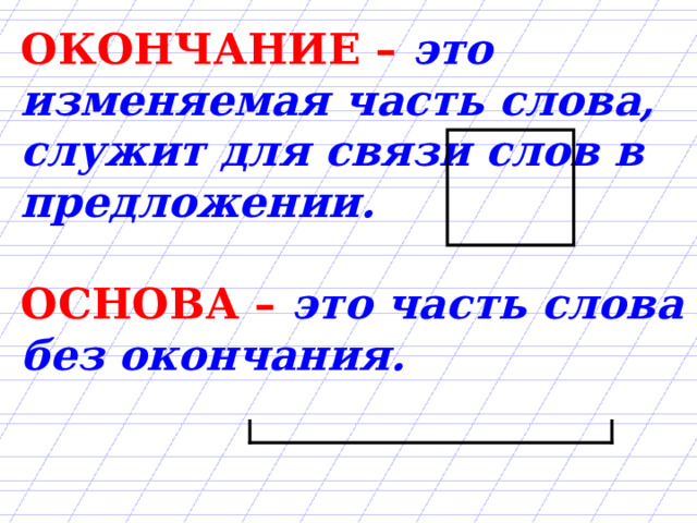 ОКОНЧАНИЕ – это изменяемая часть слова, служит для связи слов в предложении. ОСНОВА – это часть слова без окончания. 