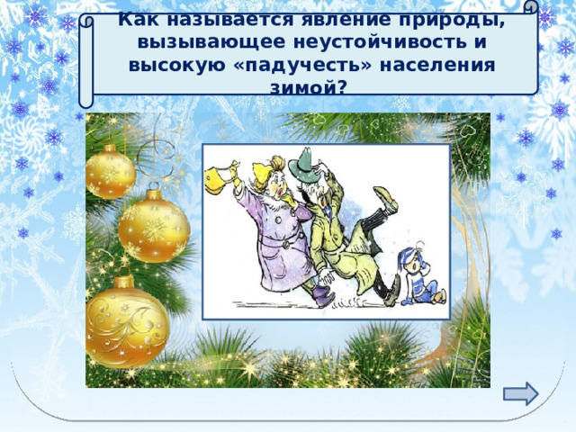  Как называется явление природы, вызывающее неустойчивость и высокую «падучесть» населения зимой?  ГОЛОЛЁД 
