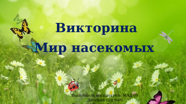 Викторина Мир насекомых Выполнила воспитатель МАДОУ Детский сад №66 Куликова Елена Александровна 