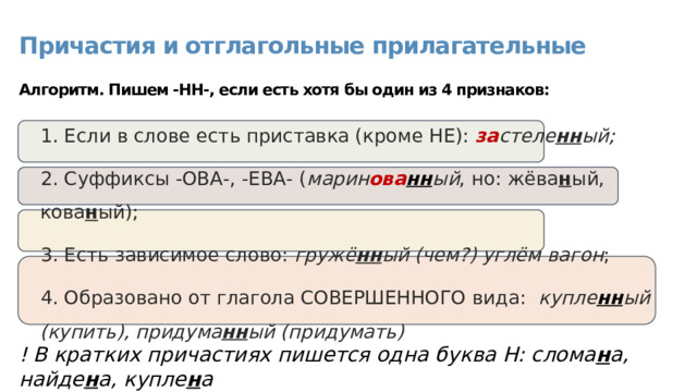 Причастия и отглагольные прилагательные   Алгоритм. Пишем -НН-, если есть хотя бы один из 4 признаков:  1. Если в слове есть приставка (кроме НЕ): за стеле нн ый; 2. Суффиксы -ОВА-, -ЕВА- ( марин ова нн ый , но: жёва н ый, кова н ый); 3. Есть зависимое слово: гружё нн ый (чем?) углём вагон ; 4. Образовано от глагола СОВЕРШЕННОГО вида: купле нн ый (купить), придума нн ый (придумать) ! В кратких причастиях пишется одна буква Н: слома н а, найде н а, купле н а 