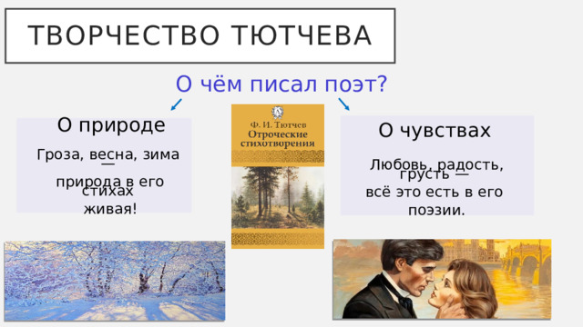 Творчество Тютчева О чём писал поэт? О природе О чувствах Гроза, весна, зима —  природа в его стихах  живая! Любовь, радость, грусть — всё это есть в его поэзии. 4 
