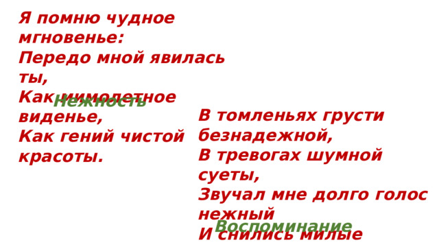Я помню чудное мгновенье:  Передо мной явилась ты,  Как мимолетное виденье,  Как гений чистой красоты. Нежность В томленьях грусти безнадежной, В тревогах шумной суеты, Звучал мне долго голос нежный И снились милые черты. Воспоминание 