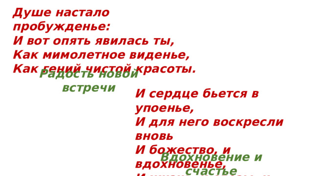 Душе настало пробужденье: И вот опять явилась ты, Как мимолетное виденье, Как гений чистой красоты. Радость новой встречи И сердце бьется в упоенье, И для него воскресли вновь И божество, и вдохновенье, И жизнь, и слезы, и любовь. Вдохновение и счастье 