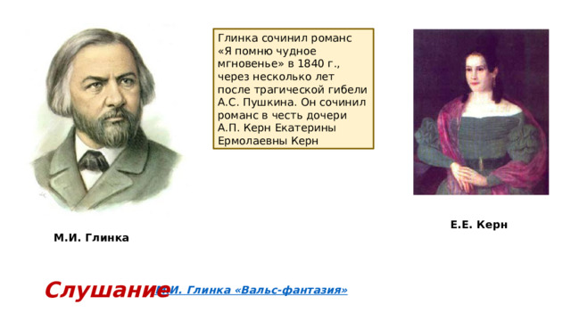 Глинка сочинил романс «Я помню чудное мгновенье» в 1840 г., через несколько лет после трагической гибели А.С. Пушкина. Он сочинил романс в честь дочери А.П. Керн Екатерины Ермолаевны Керн Е.Е. Керн М.И. Глинка Слушание 