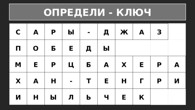 ОПРЕДЕЛИ - КЛЮЧ С П А О Р М Х Ы Б Е А Е Р - И Н Ц Н Д Д - Ы Ы Б Ж А А Т Л Е З Х Ь Ч Е Н Г Е Р Р А К И 
