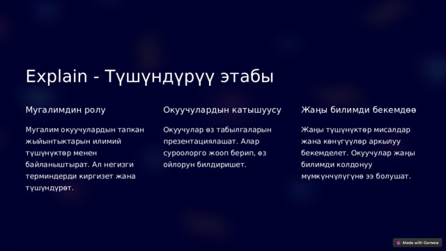 Explain - Түшүндүрүү этабы Мугалимдин ролу Окуучулардын катышуусу Жаңы билимди бекемдөө Мугалим окуучулардын тапкан жыйынтыктарын илимий түшүнүктөр менен байланыштырат. Ал негизги терминдерди киргизет жана түшүндүрөт. Окуучулар өз табылгаларын презентациялашат. Алар суроолорго жооп берип, өз ойлорун билдиришет. Жаңы түшүнүктөр мисалдар жана көнүгүүлөр аркылуу бекемделет. Окуучулар жаңы билимди колдонуу мүмкүнчүлүгүнө ээ болушат. 