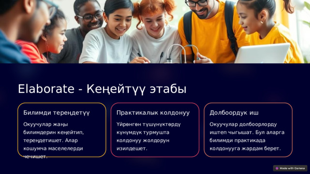 Elaborate - Кеңейтүү этабы Билимди тереңдетүү Практикалык колдонуу Долбоордук иш Окуучулар жаңы билимдерин кеңейтип, тереңдетишет. Алар кошумча маселелерди чечишет. Үйрөнгөн түшүнүктөрдү күнүмдүк турмушта колдонуу жолдорун изилдешет. Окуучулар долбоорлорду иштеп чыгышат. Бул аларга билимди практикада колдонууга жардам берет. 
