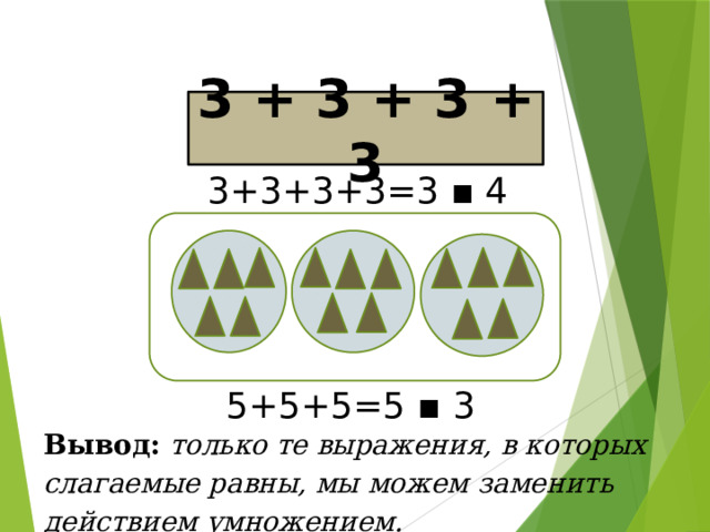 3 + 3 + 3 + 3 3+3+3+3=3 ▪ 4 5+5+5=5 ▪ 3 Вывод:  только те выражения, в которых слагаемые равны, мы можем заменить действием умножением. 