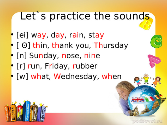  Let`s practice the sounds [ei] w ay , d ay , r ai n, st ay [ ʘ] th in, th ank you, Th ursday [n] Su n day, n ose, n i n e [r] r un, F r iday, r ubber [w] wh at, W ednesday, wh en 
