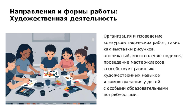 Направления и формы работы: Художественная деятельность Организация и проведение конкурсов творческих работ, таких как выставки рисунков, аппликаций, изготовление поделок, проведение мастер-классов, способствует развитию художественных навыков и самовыражения у детей с особыми образовательными потребностями.  