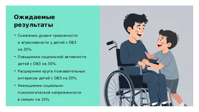 Ожидаемые результаты Снижение уровня тревожности и агрессивности у детей с ОВЗ на 25%. Повышение социальной активности детей с ОВЗ на 30%. Расширение круга познавательных интересов детей с ОВЗ на 20%. Уменьшение социально-психологической напряженности в семьях на 15%.  