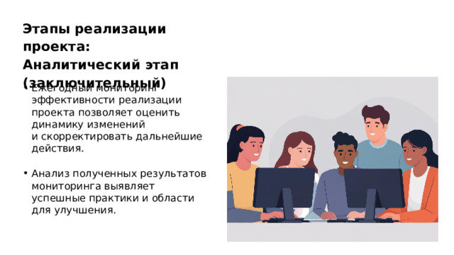 Этапы реализации проекта: Аналитический этап (заключительный) Ежегодный мониторинг эффективности реализации проекта позволяет оценить динамику изменений и скорректировать дальнейшие действия. Анализ полученных результатов мониторинга выявляет успешные практики и области для улучшения.  
