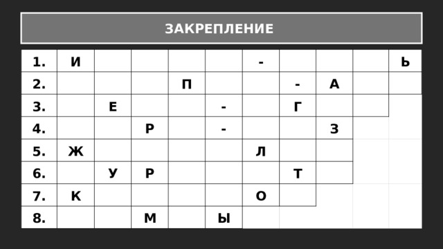 ЗАКРЕПЛЕНИЕ 1. И 2.   3.       4.     Е 5.       6. П     Ж   -     7.   Р У К       8.   -       -   Р   - Г             А М   Л         Ь         З         Ы О Т                                 